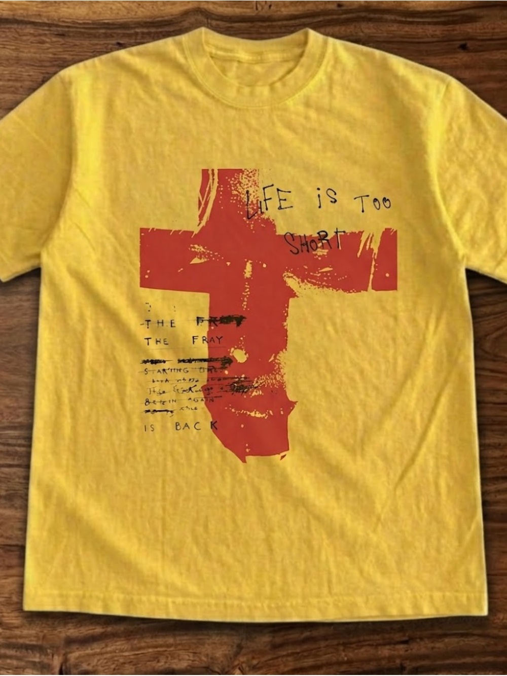 Christian Grunge Yellow Graphic T-Shirt with Red Cross Print